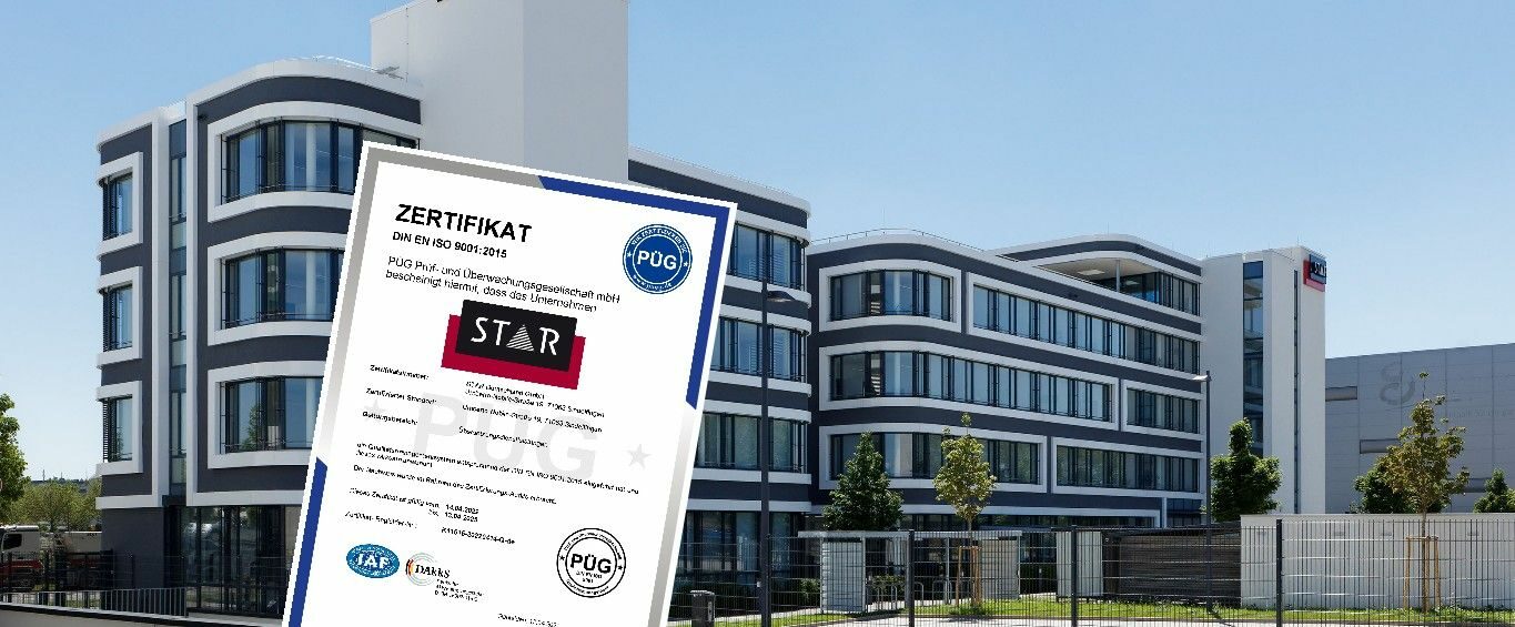 DIN EN ISO 9001:2015 certificate with the Star Deutschland building in the background.