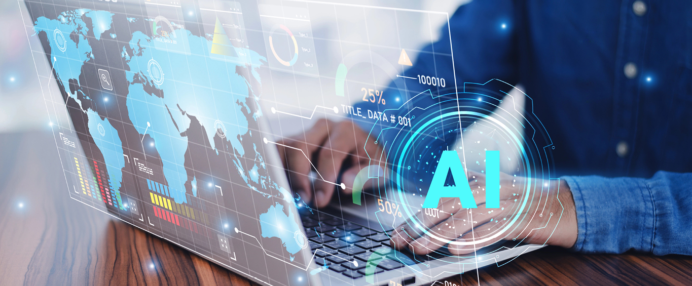 A futuristic representation of artificial intelligence with a world map, data visualisations and digital elements symbolises the change from Human in the Loop to Human in the Cockpit.